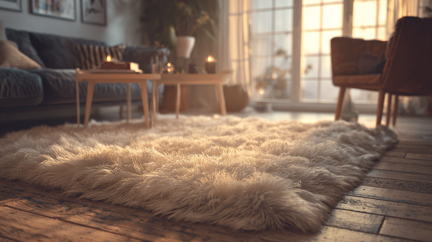 Wohnzimmer mit ThermoLoom-Teppich: dezent leuchtende Fransen, gemütliche Atmosphäre